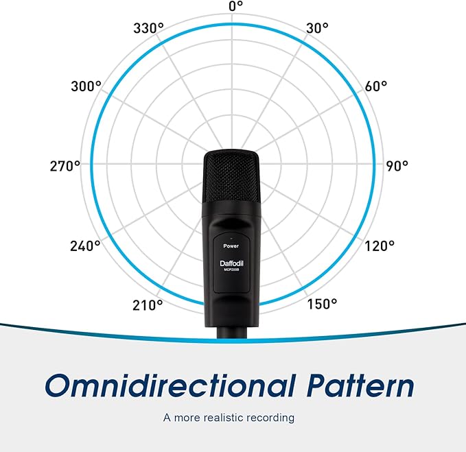 Daffodil Condenser Microphone USB Omnidirectional MCP200 - Mic with Tripod Stand, Pop Filter - Recording Vocals, Gaming, Podcast, ASMR, Vlogging Broadcast and Streaming for PC and Mac - Black