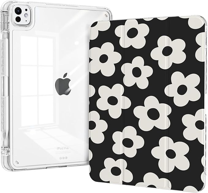 Case for iPad Pro 13 Inch M5 (2025), iPad Pro 13 M4 Chip (2024) Case with Pencil Holder, Stable Trifold Stand, Slim Shockproof Transparent Clear Back Cover, Auto Wake/Sleep, Black Daisy