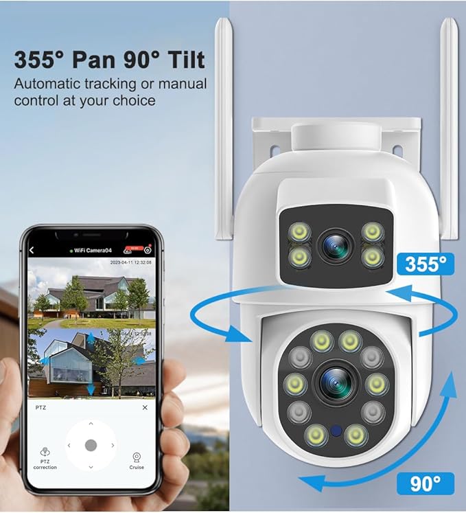 EVERSECU Dual Lens Linkage 6MP WiFi PTZ Security Camera Outdoor, 360° View, Auto Tracking, Motion Detection, Color Night Vision, 2-Way Audio, Compatible with Alexa