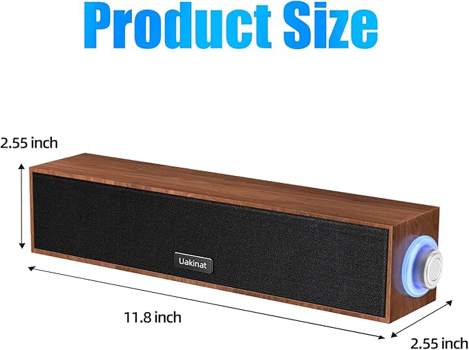 Uakinat Computer Speakers,Wooden Multimedia Digital Speaker,USB Powered 3.5mm AUX PC Speakers,Surround Sound Portable Computer Sound Bar Speaker for Desktop Laptop (Brown)