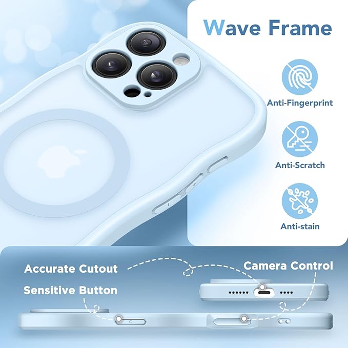 CAPRARO for iPhone 16 Pro Max Case for Women Girls, Upgraded [Full Camera Protection] [Compatible with MagSafe] Cute Wave Translucent Matte Phone Case for iPhone 16 Pro Max, Light Blue