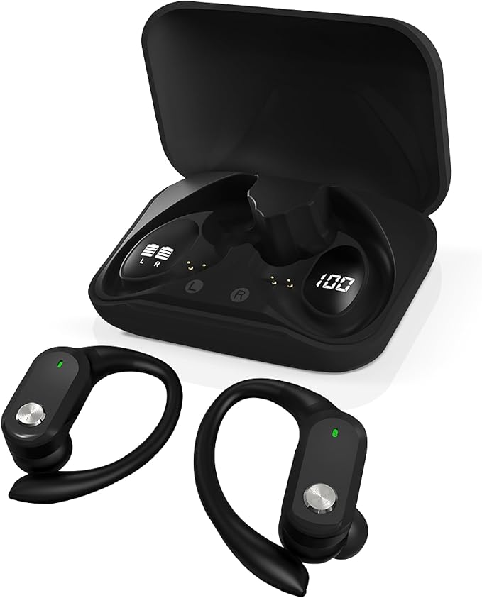 RCA Wireless Earbuds Bluetooth 5.3 Headphones Sport Sweat Resistant Sports Earphones with Earhooks,48H Playtime,Lightweight 7.8g,Fast Charging Case,Noise Cancelling Mic for Running Gym Workout-Black