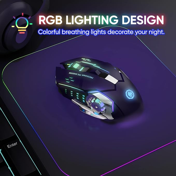 MELOGAGA Wireless Gaming Mouse Bluetooth Mouse RGB Rechargeable 2.4G USB Cordless Computer Mice with 7 Color Backlit, 6 Buttons & Silent Click for Laptop, iPad, Mac OS, PC, Windows -Black