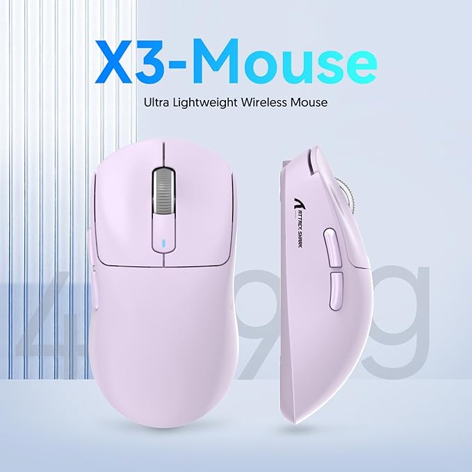 ATTACK SHARK X3 Wireless Gaming Mouse, 49g Ergonomic Computer Mouse, Triple Modes PAW3395 26K DPI Optical Sensor, 200h Battery Life, Programmable Buttons, Gaming Accessories for PC/Laptop/Mac (Purple)