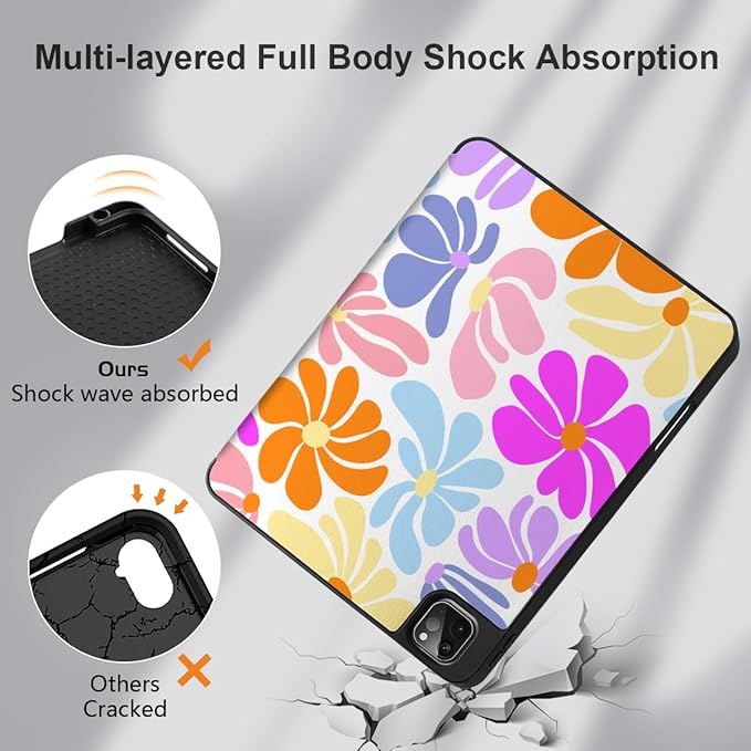 DONGKE Case for 2022/2021/2020/2018 iPad Pro 11 inch Gen 4/3/2/1 - Slim Protective Case - Built in Pencil Holder Support Charging - Trifold Stand & Sleep/Wake Cover - Retro Flowers