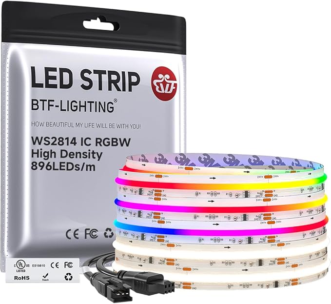 BTF-LIGHTING FCOB COB LED Strip WS2814 Smart IC RGBW 4000K, UL Listed 896LEDs/m High Density Color Chasing Uniform Light, DC24V 16.4FT 12mm Width for Home Party DIY Decor(No Adapter or Controller)