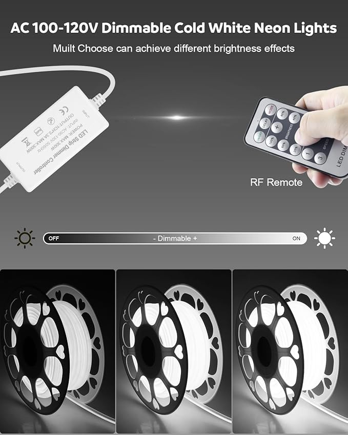 Aclorol AC 100-120V 65.6FT White COB LED Strip Lights Outdoor Waterproof Dimmable COB Light Strip Cold White 6000K Plug and Play for Commercial Building Lighting 288Leds/M with Remote Control