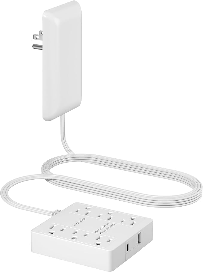 LIDER Surge Protected Outlet Extender, 6-Outlet Power Strip, 1 USB Type-A, and 1 USB Type-C Port, Surge Protect Up to 1500J, Ultra-Thin Wall Plate Plug with Cord Extender, 5ft Cord, ETL-Listed, White
