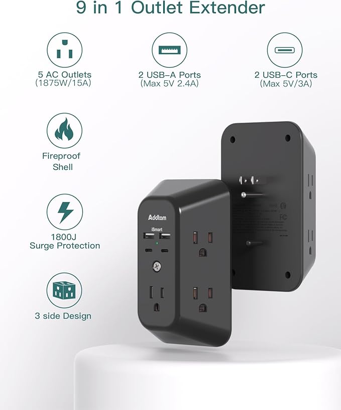 Addtam 5-Outlet Extender Surge Protector, Multi Plug Wall Outlet with 4 USB Wall Charger(2 USB C), Outlet Splitter Power Strip for Home Office Dorm Room Essentials, Plug Extension Outlet 1800J, Black