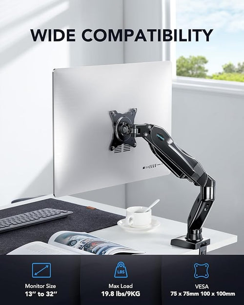 HUANUO FlowLift™ Single Monitor Mount, 13 to 32 Inch Monitor Arm, Adjustable Monitor Stand, Vesa Mount with Clamp and Grommet Base - Fits 4.4 to 19.8lbs LCD Computer Monitors