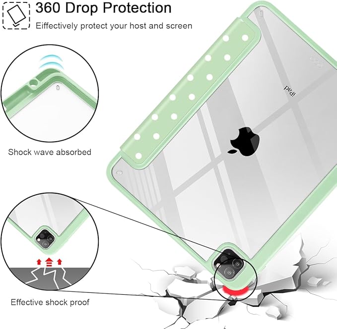 Tuiklol for iPad Pro 12.9 Inch 6th/5th/4th/3rd Generation 2022 2021 2020 2018 Case,Built-in Pencil Holder Clear Transparent Protective Back Shell Cover with Auto Sleep/Wake, Spot-Green