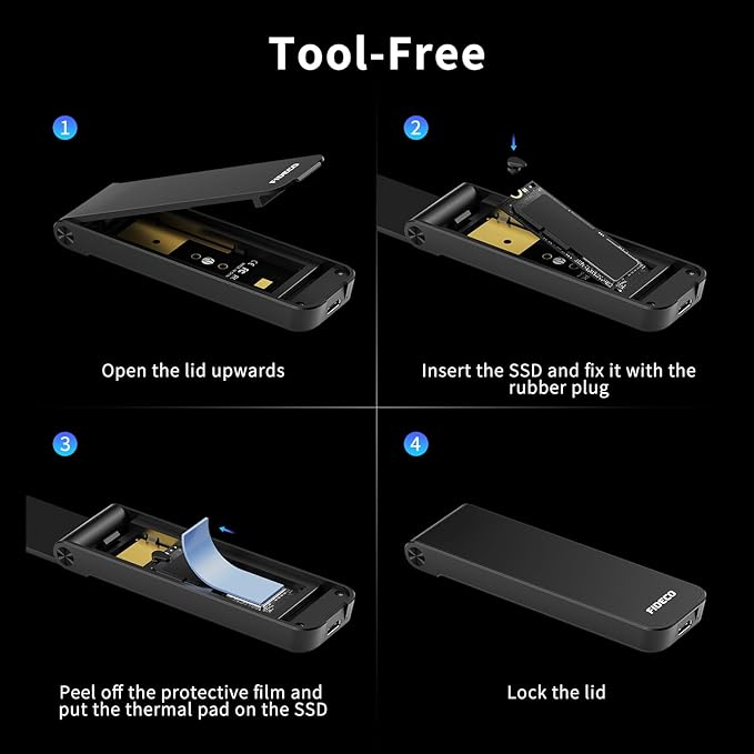 FIDECO M.2 NVMe SSD Enclosure, M.2 NVMe to USB Adapter, USB 3.2 Gen 2 (10Gbps) SSD Reader for M & M+B Key, Sandwich Style Design, Tool-Free Installation, Support UASP and Trim