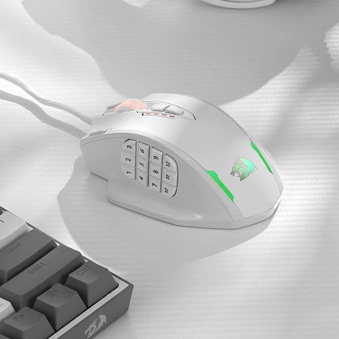 Redragon M908 Impact RGB LED MMO Gaming Mouse with 12 Side Buttons, Optical Wired Ergonomic Mouse with Max 12,400DPI, High Precision, 18 Programmable Macro Shortcuts, Comfort Grip, White