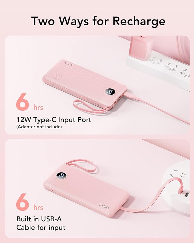 VRURC Portable Charger Power Bank, 10000mAh Travel Essentials Battery Pack, Compact USB C Charging Bank Built-in Cables Cords Compatible with iPhone 17 Pro 17 16 15 14 13,Samsung-Pink(1 Pack)