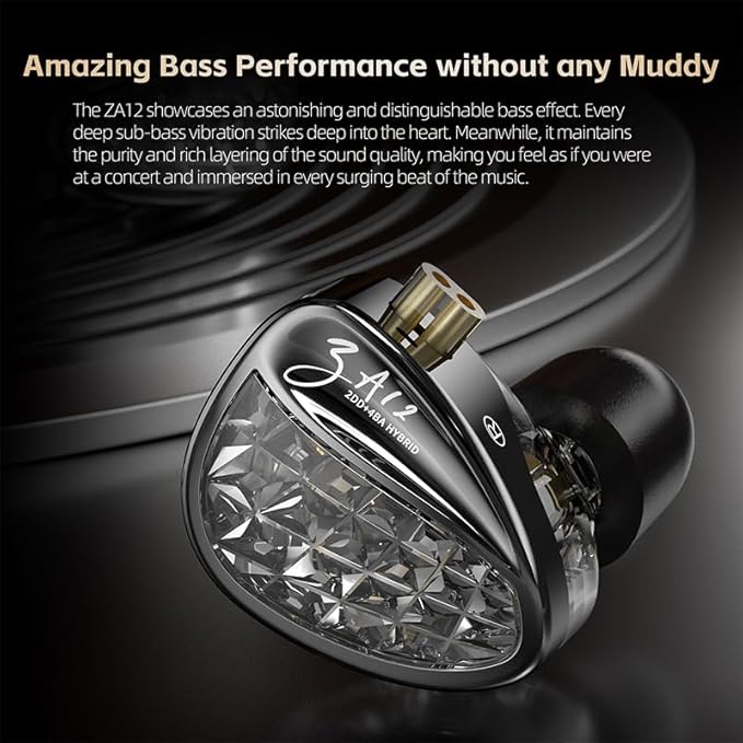 KZ ZA12 in Ear Monitor, 2DD+4BA Hybrid Wired Earbuds, KZ in Ear Monitor, Gaming Earbuds, Crystal Clear IEM Earphones, Silver-Plated IEM Cable for Audiophile Enthusiasts (No Microphone, Matte Black)