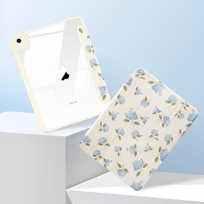 MrARTIST for iPad Air 11 Inch Case M3/M2 - Air 5th/4th Generation 10.9" Cute Women Girls Girly Kawaii Aesthetic Kawaii Flowers Design for Apple Air Tablet Cover with Pencil Holder, Hydrangea