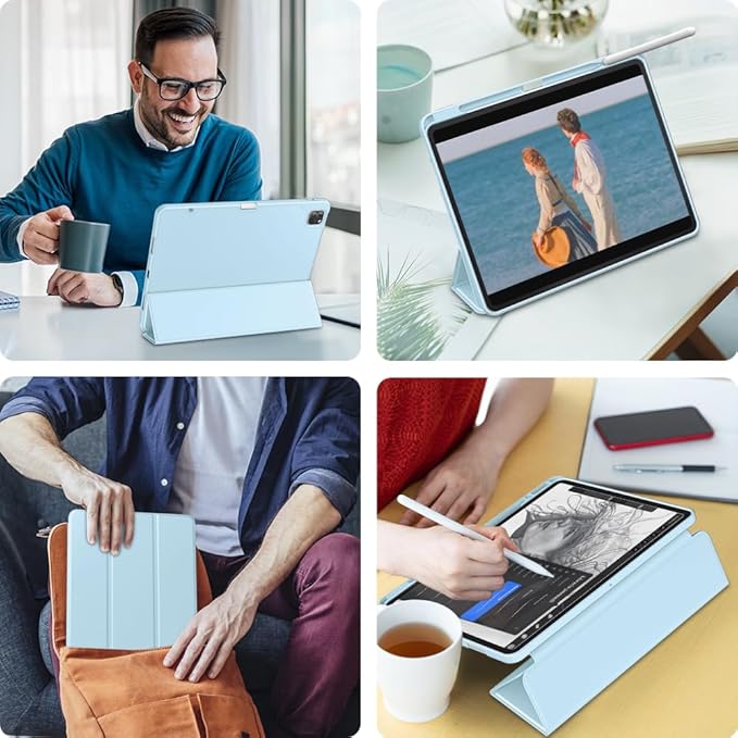 DTTO for iPad Air 13 Inch Case M4/M3/M2 2026/2025/2024, iPad Pro 12.9 Inch Case (6th/5th/4th/3rd Gen), Smart Slim Trifold Stand Soft Cover with Pencil Holder, Ice Blue