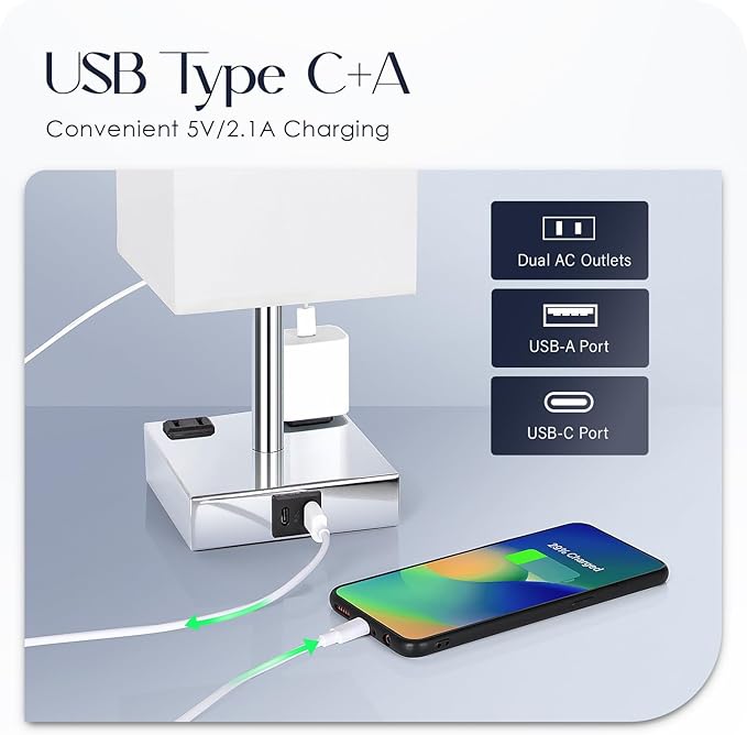 Set of 2 Bedside Table Lamp 3 Way Dimmable Nightstand Lamp with USB C & USB A Charging Port, 2 AC Outlets, 3000K LED Bulbs (White)