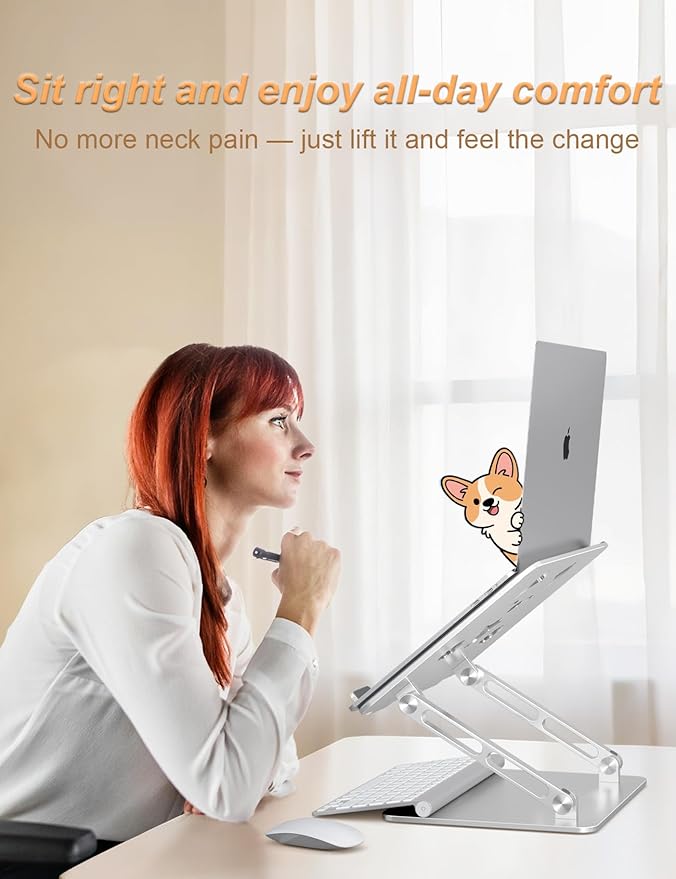 Aoviho Laptop Stand for Desk-Adjustable, Foldable, Portable, Ergonomic Aluminum Notebook Riser with Unique Puppy Cooling Vent, Desk Gift for 10"-17.3" Devices Mac, Dell, HP, Lenovo, Samsung, Silver