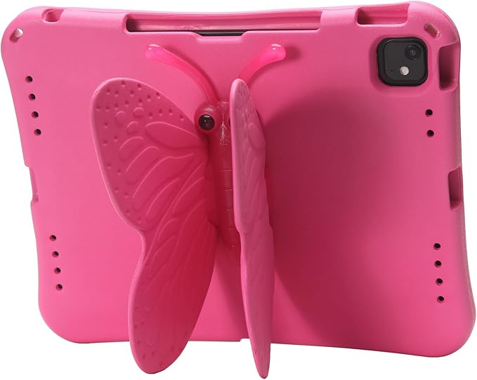 Butterfly Kids Case for iPad Air 13 Inch M3/M2 (2025/2024), iPad Pro 13 (M4) 2024, iPad Pro 12.9 (2022/2021/2020/2018), 3D Cartoon EVA Foam Shockproof Stand Cover for Girls - Magenta