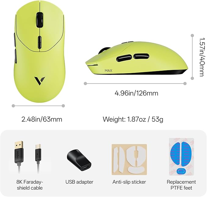 Rapoo VT2 MAX Wireless Gaming Mouse, True 8K Wireless Polling Rate, 53g Lightweight, Up to 750 Hr Battery, Nordic nRF54L15 MCU, 120-Million Optical Switch, 10 Programmable Buttons, Macro Enabled
