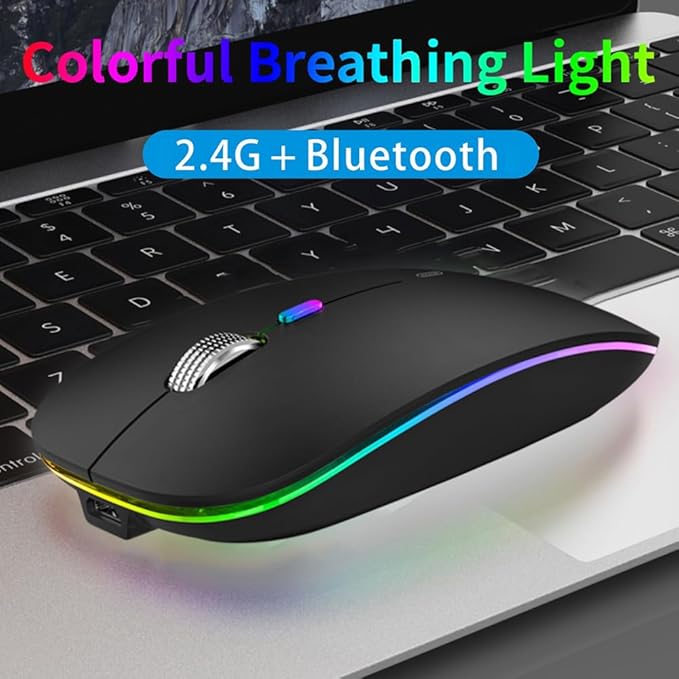 TENMOS Wireless Bluetooth Mouse, LED Slim (Bluetooth 5.1/5.0 + USB) 2.4GHz Rechargeable Silent Bluetooth Wireless Mouse with Type C Adapter for Laptop/MacBook/iPad OS 13 and Above (Matte Black)