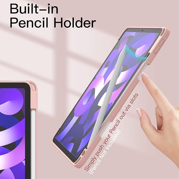 JETech Case ONLY for iPad Air 11-Inch M4/M3/M2 (2026/2025/2024), iPad Air 5/4 (2022/2020 5th/4th) with Pencil Holder, Clear Transparent Back Slim Stand Shockproof Tablet Cover (Rose Gold)