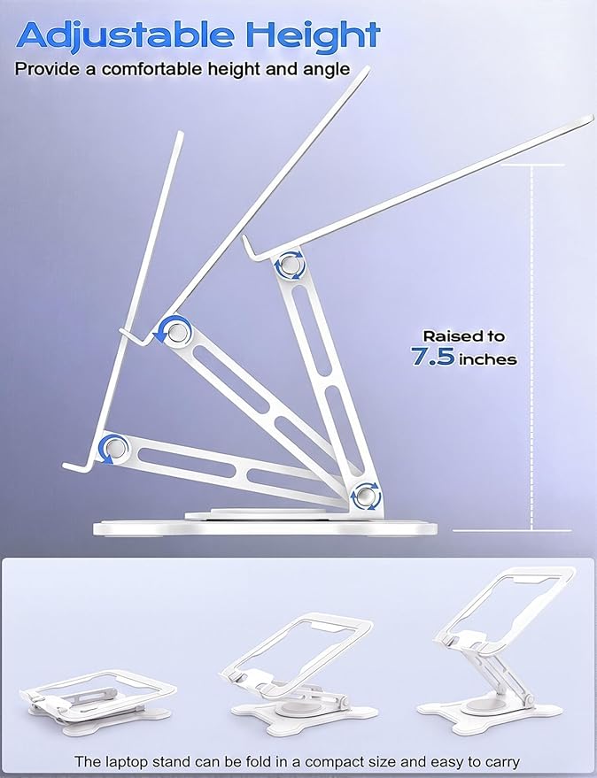 JCZT Adjustable Laptop Stand, 360° Rotating Base Ergonomic Computer Stand, Foldable Laptop Stand for Desk for Office Home Fits Compatible with MacBook Pro Air (10-16") - White