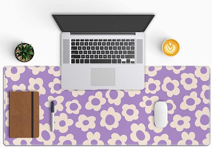 Gaming Large Mouse Pad with Stitched Edges, Vintage Groovy Flowers Purple Desk Mat, Extended Keyboard Pad, Non-Slip Rubber Base Desk Pad for Keyboard and Mouse, 31.5X11.8 inch