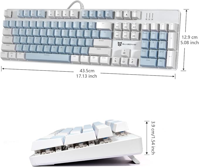 Merdia Full Size Wired Mechanical Gaming Keyboard | Blue Switch Led Backlit 104 Keys US Layout Mechanical Computer Keyboards | Hot Swappable Blue & White Keycaps Light Up PC Gaming Keyboard