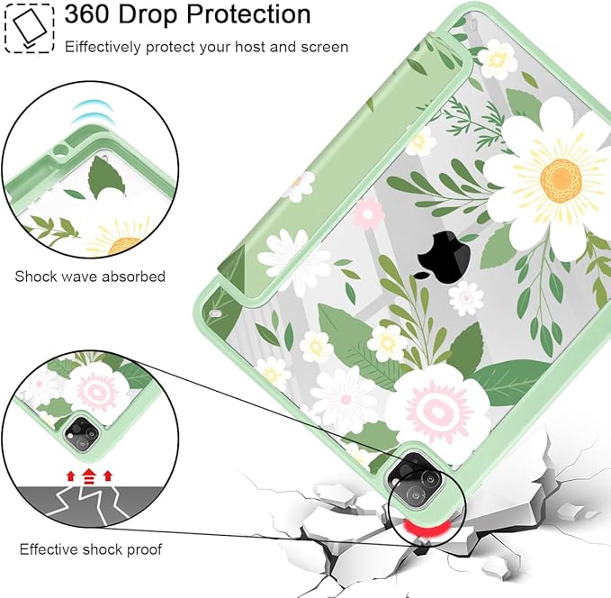 Tuiklol for iPad Pro 12.9 Inch 6th/5th/4th/3rd Generation 2022 2021 2020 2018 Case,Built-in Pencil Holder Clear Transparent Protective Back Shell Cover with Auto Sleep/Wake, Flowers Green