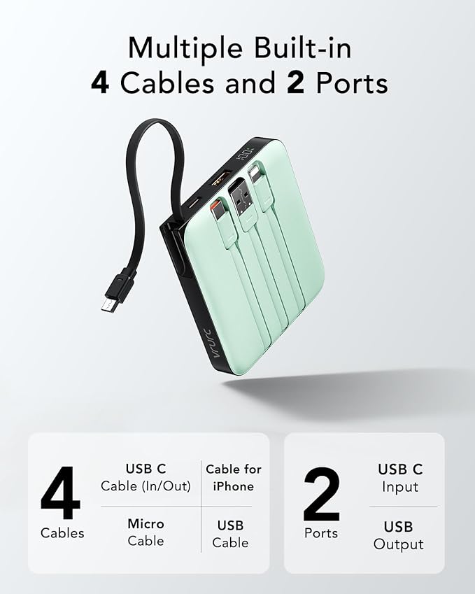 VRURC Portable Charger with Built-in Cable, 10000mAh 22.5W Fast Charging USB C Battery Pack, Cell Phone Power Bank for iPhone 17 16 15 Series Android Tablet (Green)
