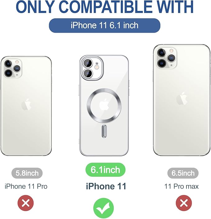 Hython Magnetic Clear for iPhone 11 Case with Camera Lens Protector [Compatible with MagSafe] Luxury Plating Edge Slim Soft TPU Cover Protective Phone Case for iPhone 11 6.1", Silver