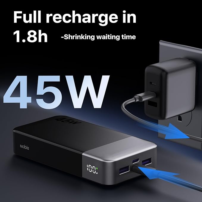 NOBIS Portable Charger,20000mAh 45W Power Bank Fast Charging, Battery Pack with 2 USB-C (in/Out) & 2 USB-A, Digital Display & Small Current Mode, Compatible with Phone 17 S25 Tablet