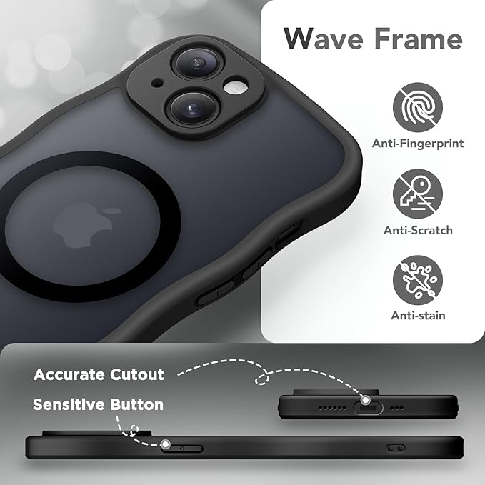 CAPRARO Cute for iPhone 15 Case, Compatible with MagSafe, [Curly Wave Edge] [Full Camera Protection] [14 FT Drop Protection] Magnetic Phone Case for 15 6.1 Inch, Black