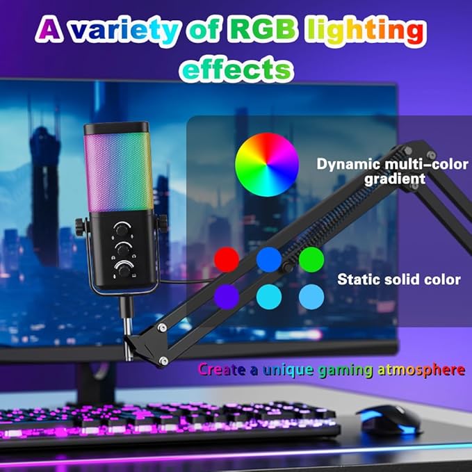 M7 USB Gaming Microphone with Boom Arm - Professional RGB Condenser Mic for PC/PS5 - Triple-Knob Control (Mic Gain, Headphone Vol, Monitor Mix) - Zero Latency Streaming Kit Mic Black