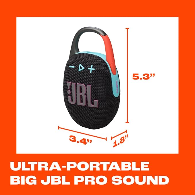 JBL Clip 5 - Ultra-Portable,Waterproof & Dustproof Bluetooth Speaker,Big JBL Pro Sound with punchy bass,Integrated carabiner,Up to 12 Hours of Play,Made in part with recycled materials(Black & Orange)