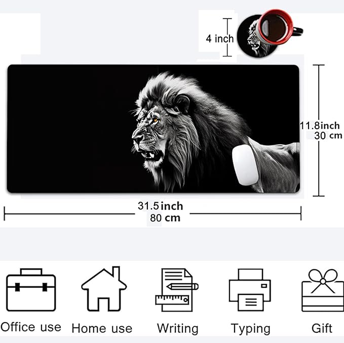Large Mouse Pad, 31.5 x 11.8in Extended Gaming Mouse Pad with Stitched Edges, XXL Mousepad Protector Non Slip Rubber Base for Office and Home Writing Mat, Fierce Lion Pattern Black Desk Mat