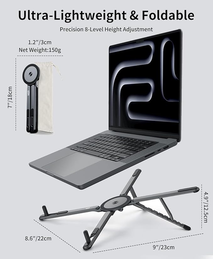 miley Portable Foldable Laptop Stand for Desk,Foldable Ergonomic,8-Level Height,with 13–17" Laptops,Aluminum Construction,Tripod Compatible,Portable with,Includes Storage Bag