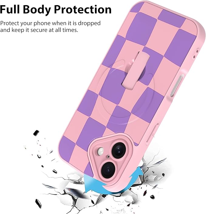 KANGHAR Compatible with iPhone 16 Case, Support for MagSafe, Silicone Checkered Cute Pattern, Wristband Kickstand Camera Protection Soft Slim Cover for Girls Women -Pink