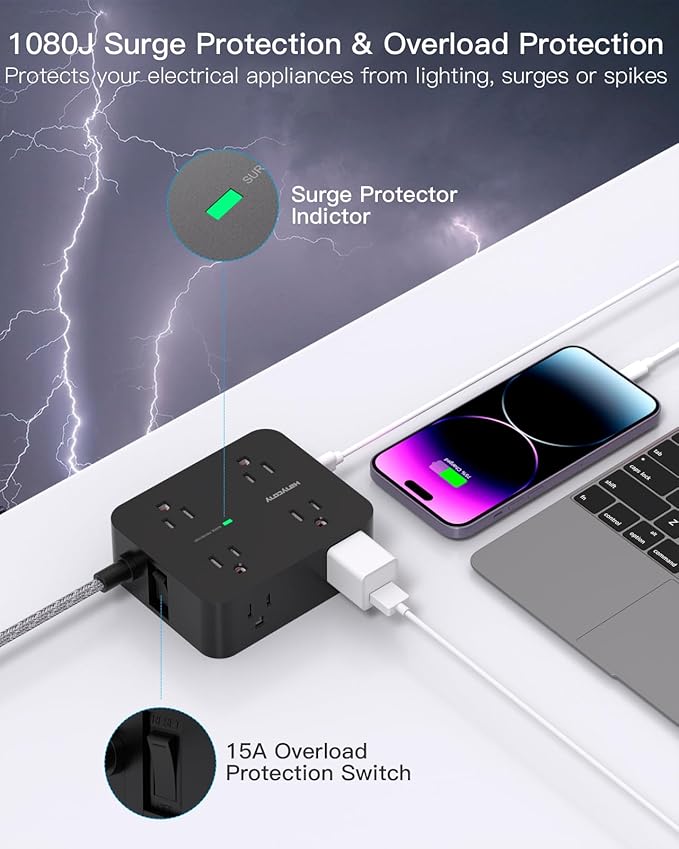 Power Strip Surge Protector, HANYCONY 8 Outlets with 4 USB Charging Ports(2 USB C), 3 Side Outlet Extender with 5 Ft Extension Cord, Flat Plug, Wall Mount, Desk Charging Station for Home Office ETL