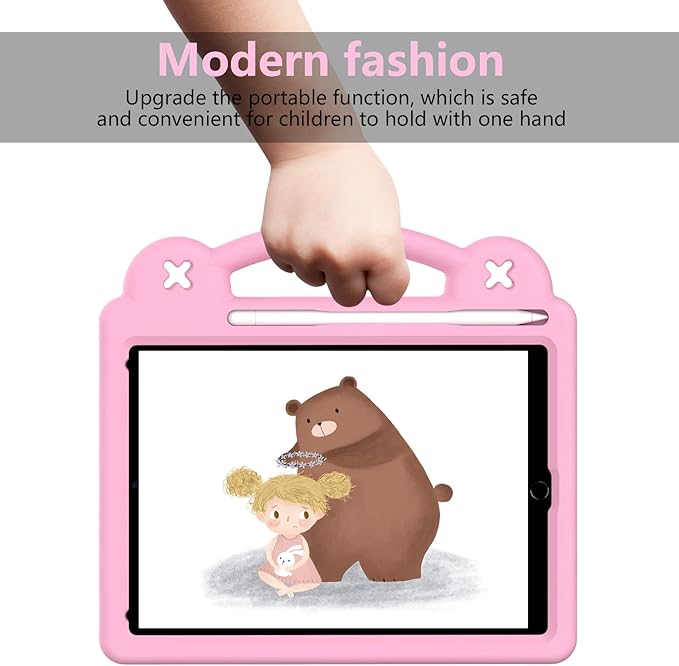 Dteck Kids Case for iPad 9.7 Inch 6th/5th Gen 2018/2017 & iPad Air 2/1 & iPad Pro 9.7 2016,Cartoon Panda Shockproof Rugged Lightweight Pencil Holder Convertible Handles Stand Kids Friendly Case,Pink