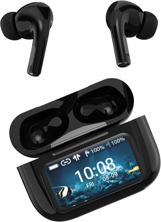 IQ Sound IQ-341 ANC & ENC Bluetooth Earphone with Touchscreen Display Charging Case, True Wireless Earbuds, Stereo Sound, Dual Mic, Voice Assistant, In-Ear Detection, USB-C Charging (Black)