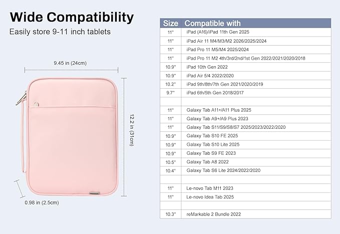 Dadanism 9-11 Inch Tablet Sleeve Padded Carrying Case with Handle, Protective Travel Bag for iPad A16 11" 2025, iPad Air M4/Pro M5 11", iPad 10th Gen 10.9", iPad 10.2", Galaxy Tab A11+ 11", Pink
