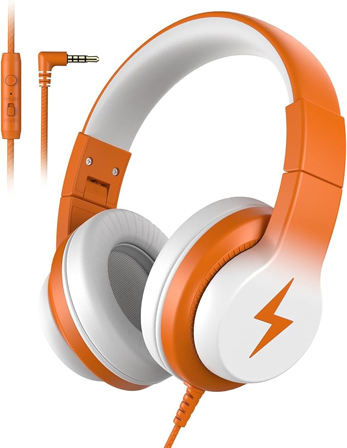 Candy Bila Kids Headphones, Wired Headphones for Kids Over Ear with Microphone, 85/94dB Volume Limiter Headphone for Girls Boys, Foldable Headphone for Learning & Entertainment, White and Orange