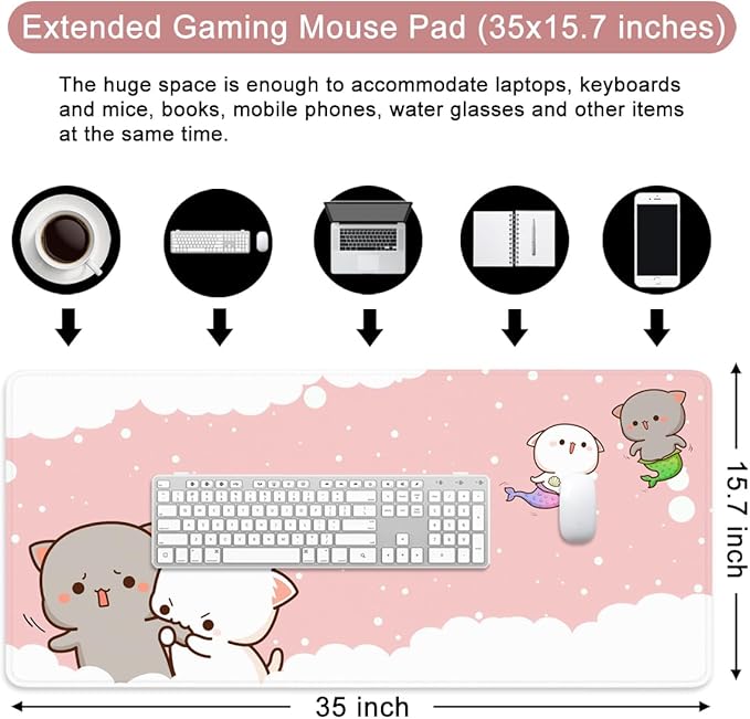 Pink Large Gaming Mouse Pad Cat Desk Pad XXL Cute Mouse Mat 35x15.7x0.12 inch Desk Accessories Kawaii Keyboard Pad (Pink -5)
