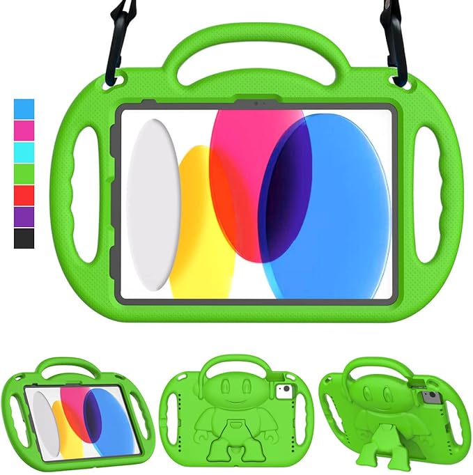 Kids Case for iPad 11th Generation (A16) 11" 2025 & 10th Gen 10.9" 2022 & iPad Air 11" 2025/2024 & Air 5th/4th Gen & Pro 11, Durable Protective Cover with Shoulder Strap Handle Stand, Green