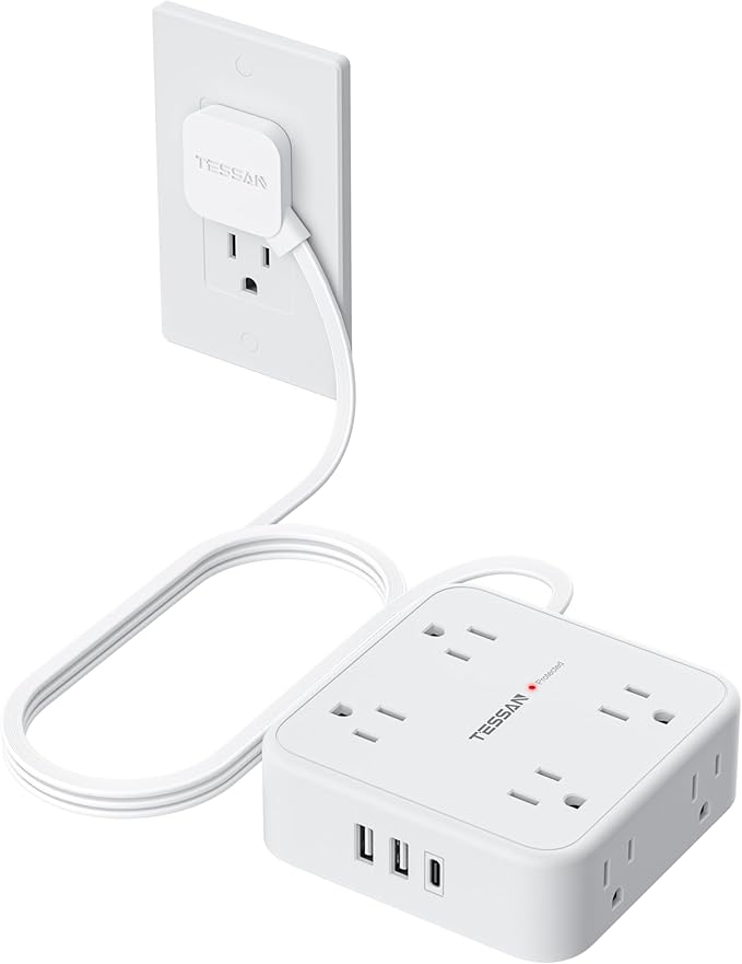 TESSAN Surge Protector Power Strip, 5 Ft Flat Plug Extension Cord with 3 USB (1 USB C) 8 Outlets, 1250W, 900J Protection, 3 Sided Outlet Extender with Power Switch for Office, Dorm Room, White