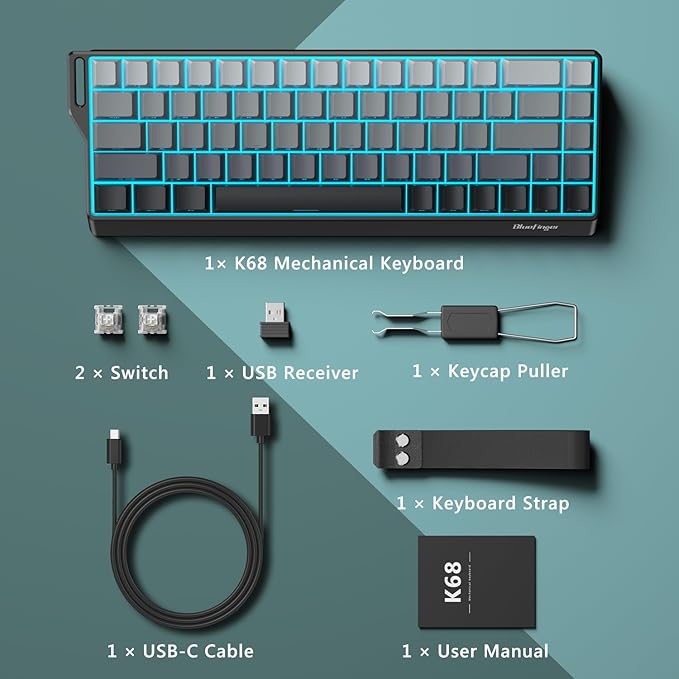 BlueFinger 60% Wireless Mechanical Gaming Keyboard, Bluetooth/2.4G/USB-C Hot Swappable RGB Backlit Keyboard with Side-Printed PBT Keycaps, for MAC Xbox PC PS5, Black