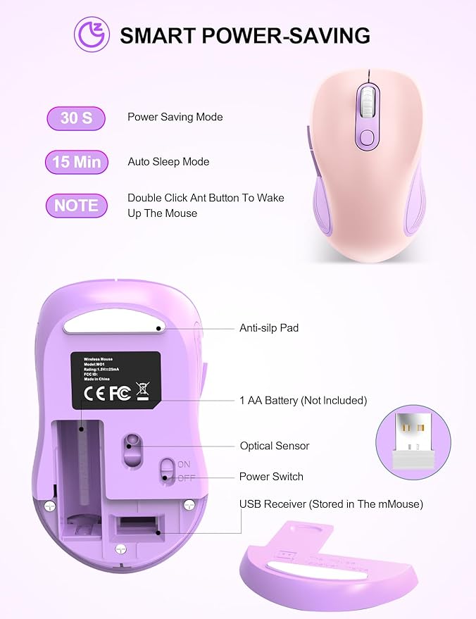 Trueque Wireless Mouse for Laptop, 2.4GHz Ergonomic Computer Mouse with Back & Forward Buttons, 3 Adjustable DPI Levels, 6 Buttons, Optical USB Cordless Mice for Windows PC, M01 (Pink Purple)